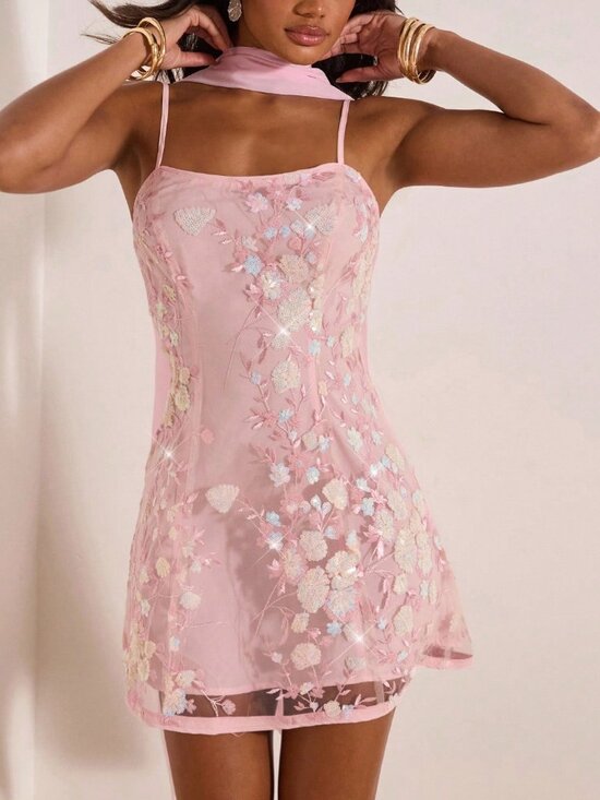 Dresses & Skirts - Pink Floral Sequin Women's Mini Dress with Shiny Applique